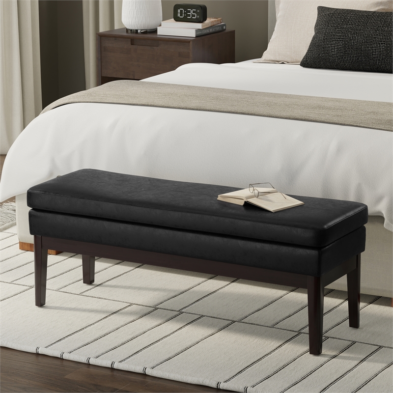 Pemberly Row 45-Inch Upholstered Ottoman Bench in Distressed Black Leather