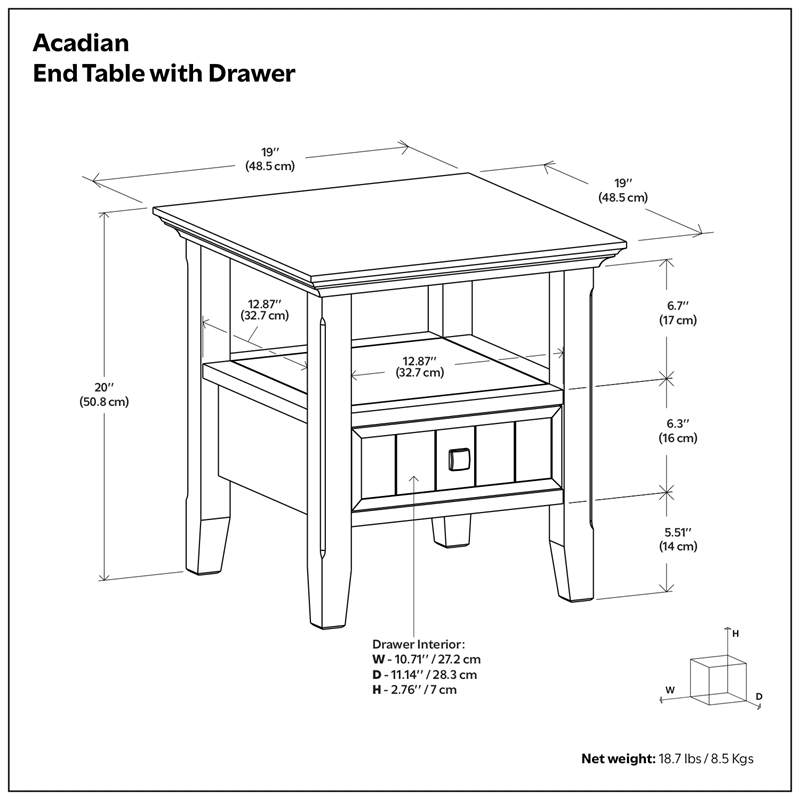 Pemberly Row 19-Inch Solid Pine Wood End Table with Drawer in Black