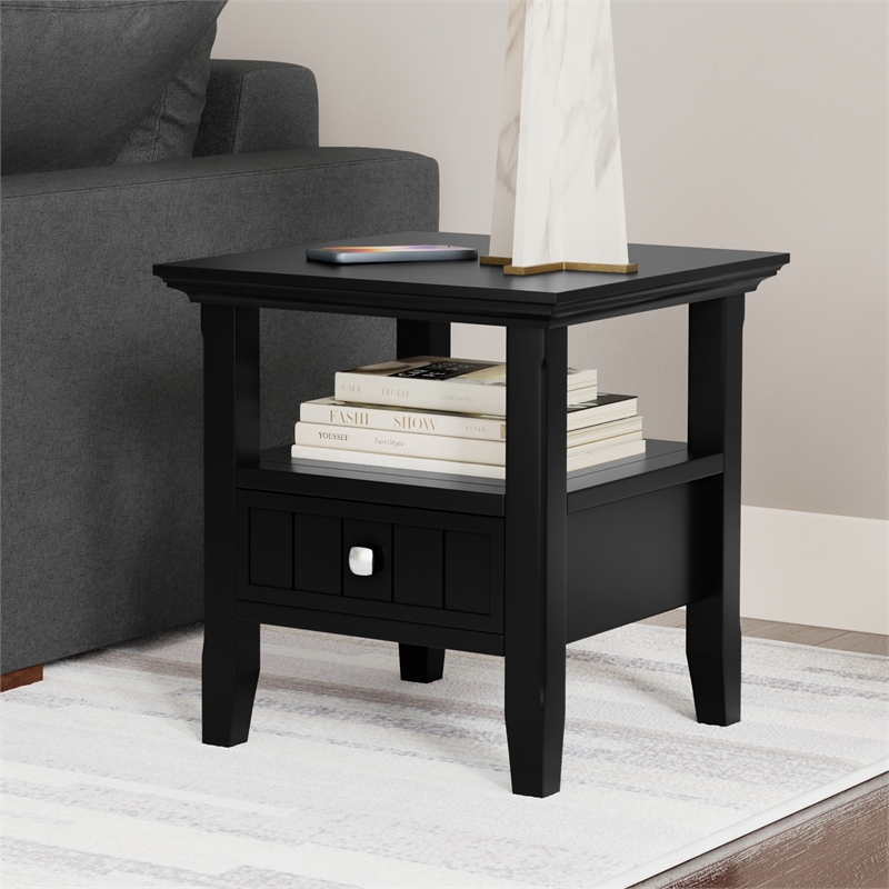 Pemberly Row 19-Inch Solid Pine Wood End Table with Drawer in Black