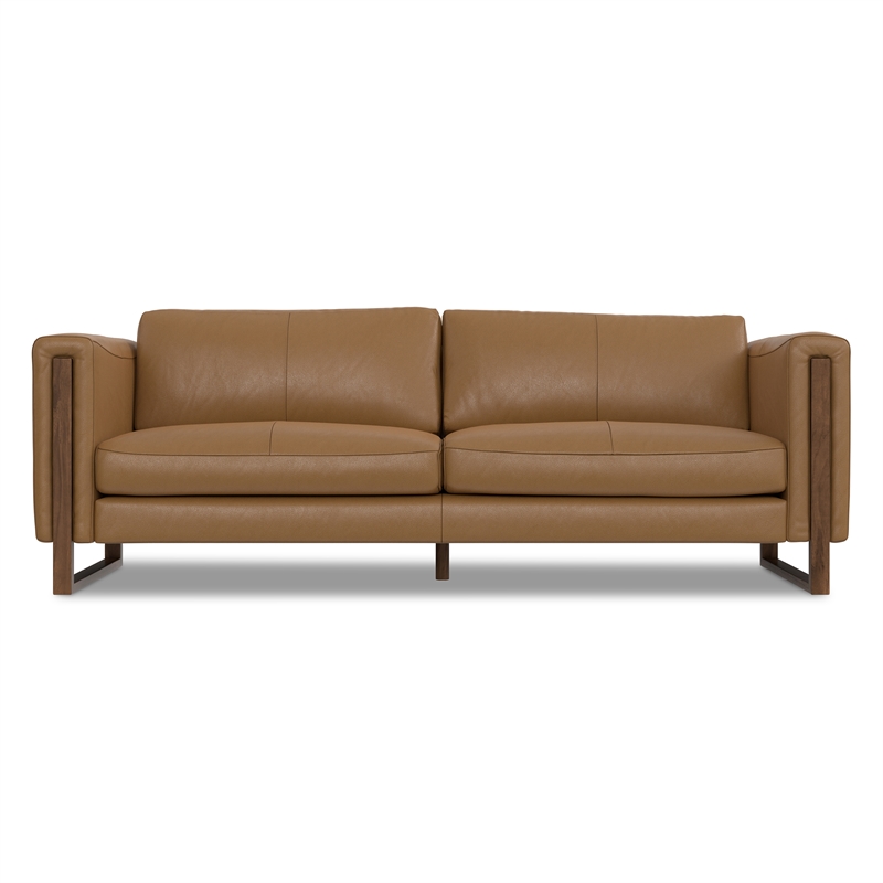 Pemberly Row Richard Wide Sofa Genuine Leather Butternut Brown 83 in