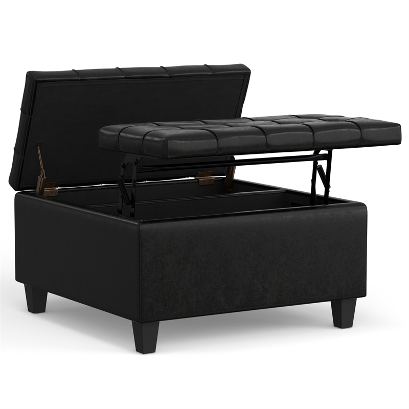 Pemberly Row Coffee Table Storage Ottoman in Black Vegan Leather