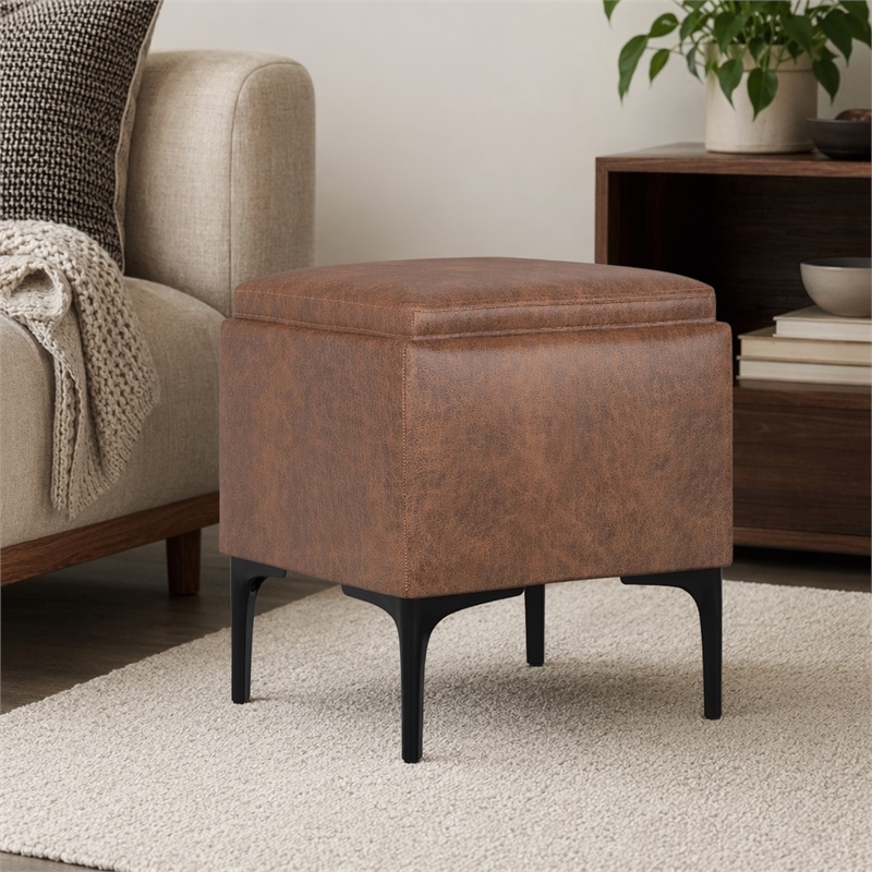 Pemberly Row Square Storage Ottoman with Tray in Distressed Saddle Brown