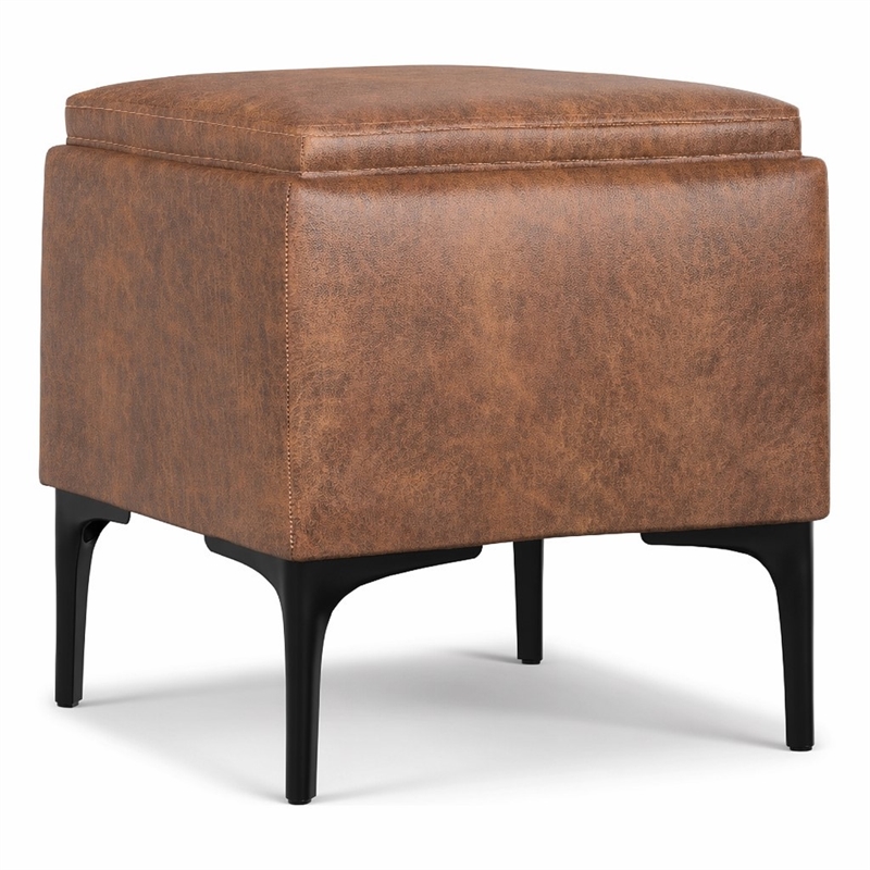Pemberly Row Square Storage Ottoman with Tray in Distressed Saddle Brown