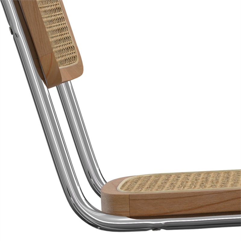 Pemberly Row Contemporary Dining Chair Set of 2 in Natural Rattan and Chrome