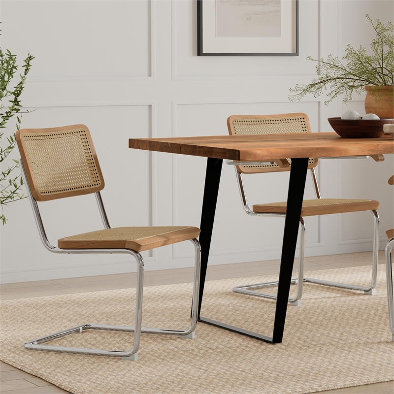 Pemberly Row Contemporary Dining Chair Set of 2 in Natural Rattan and Chrome