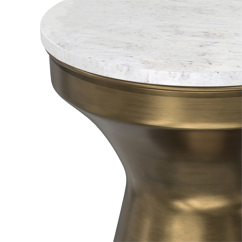Pemberly Row Raquel 14 Inch Metal Side Table with Marble Top in White/Brass