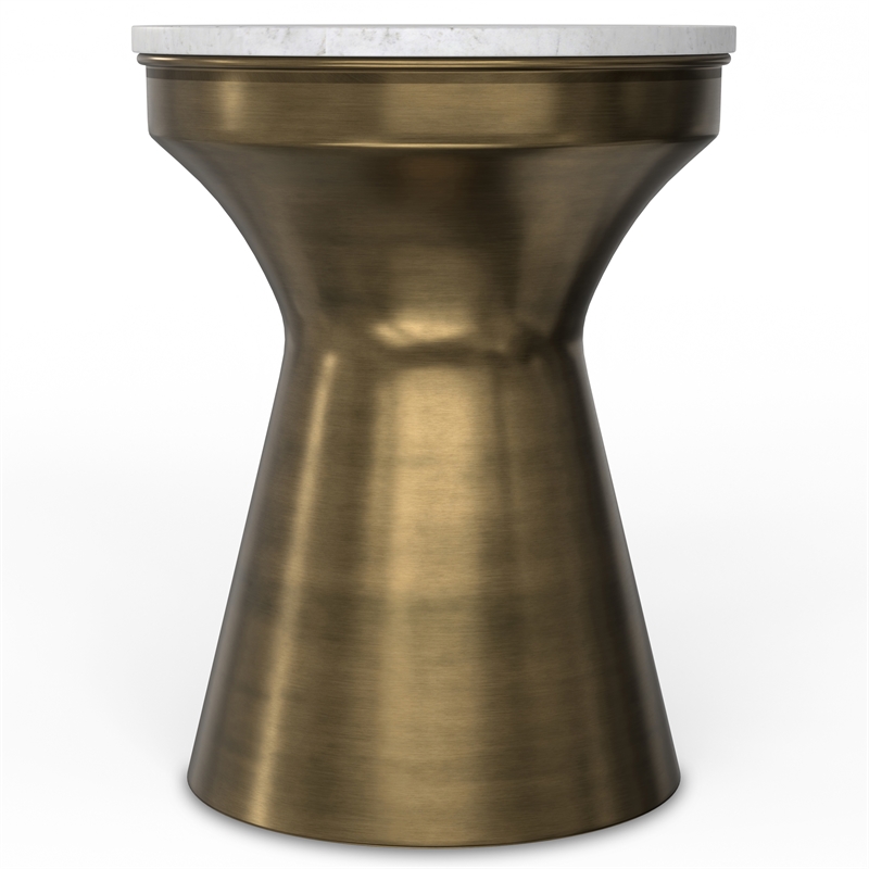 Pemberly Row Raquel 14 Inch Metal Side Table with Marble Top in White/Brass