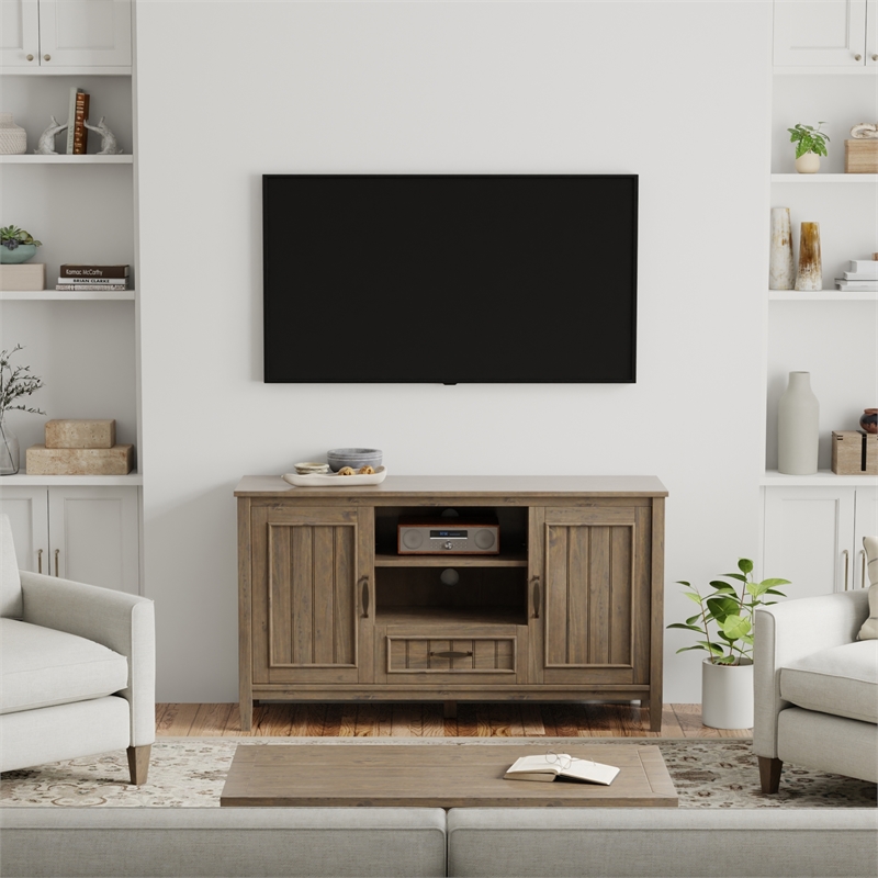 Pemberly Row 53 Inch Solid Wood TV Stand in Smoky Brown with Drawer Storage
