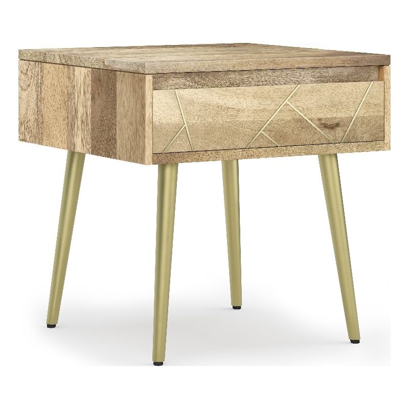 Pemberly Row Metal Side Table with Brass Inlay & Drawer in Natural Mango Wood