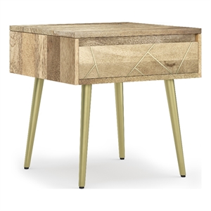 Pemberly Row Metal Side Table with Brass Inlay & Drawer in Natural Mango Wood