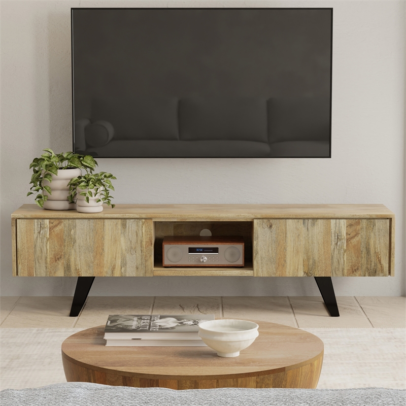 Pemberly Row 72-Inch Solid Wood TV Stand with Storage in Natural Finish