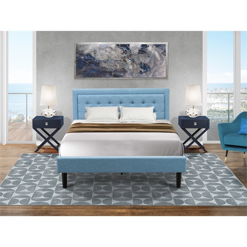 Pemberly Row 3-Piece Bedroom Set with Queen Bed and Nightstands in Denim Blue