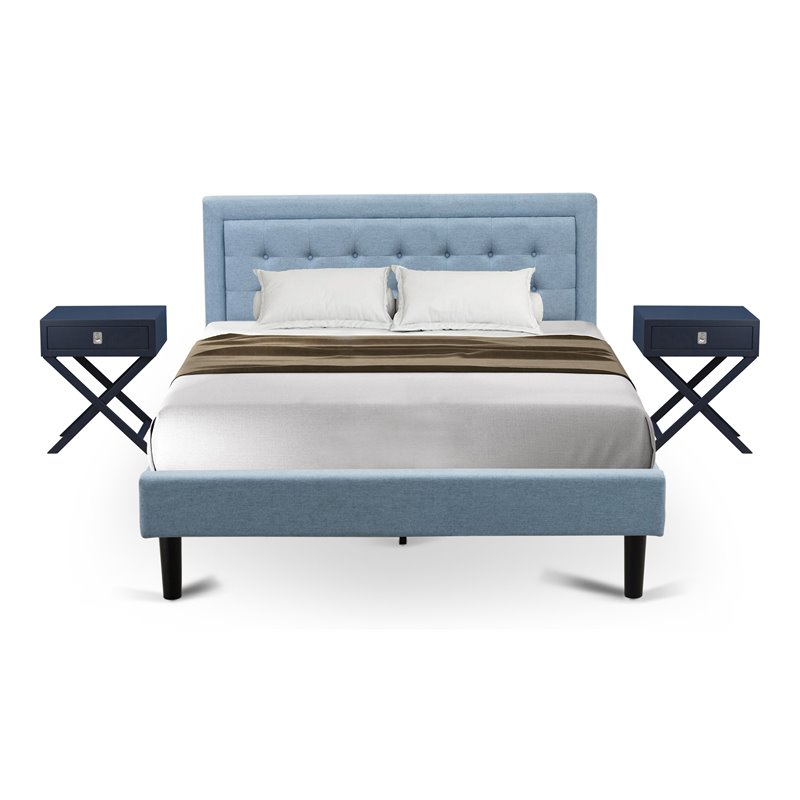 Pemberly Row 3-Piece Bedroom Set with Queen Bed and Nightstands in Denim Blue
