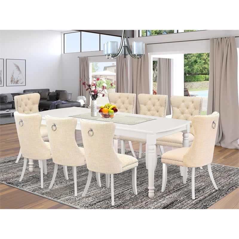 Pemberly Row 9-Piece Dining Set with Butterfly Leaf in Linen White/Light Beige