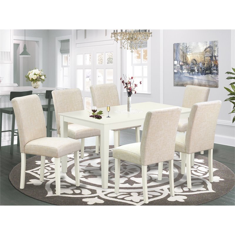 Pemberly Row Capri 7-Piece Linen White Dining Set with Fabric Seat
