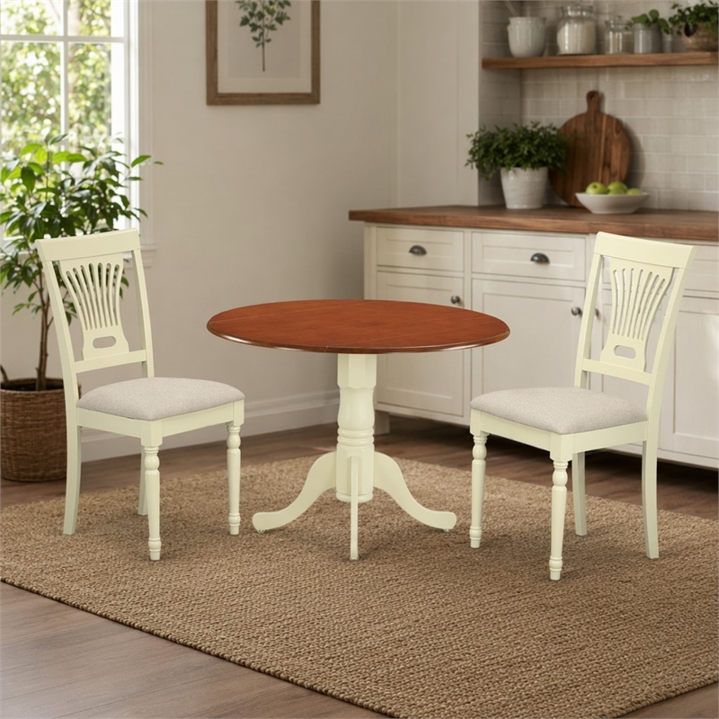 Pemberly Row Dublin 3-Piece Kitchen Table Set in Buttermilk and Cherry Finish