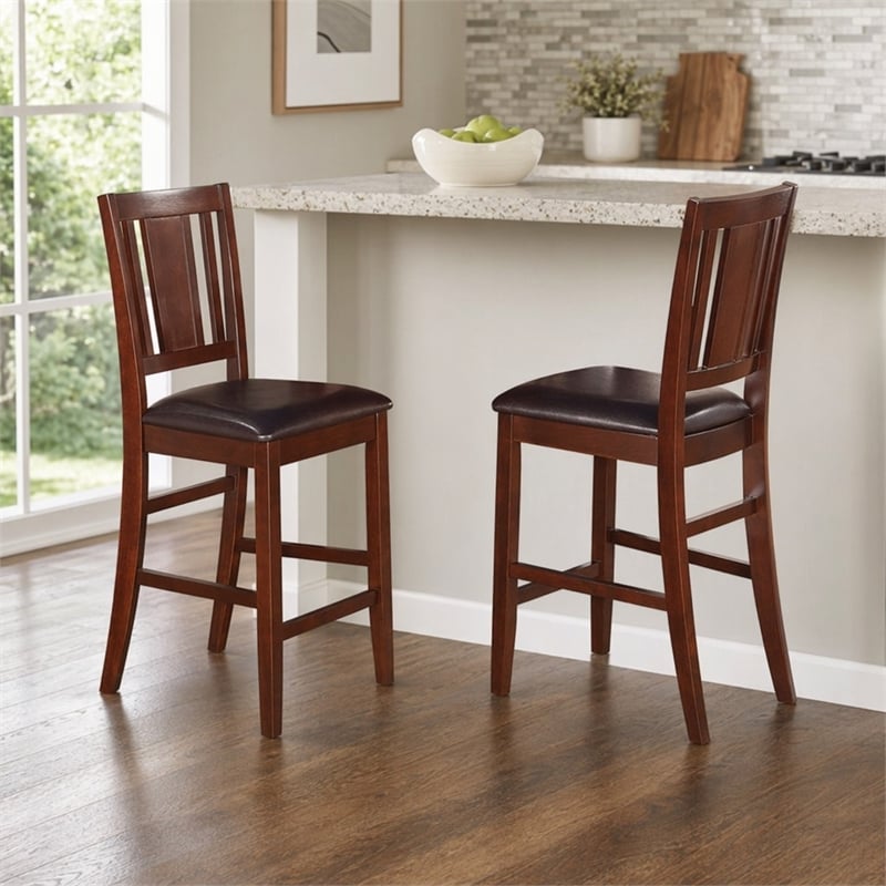 Pemberly Row Buckland Leather Counter Height Stool Set in Mahogany Finish