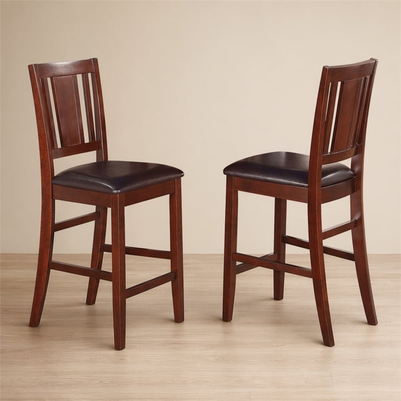 Pemberly Row Buckland Leather Counter Height Stool Set in Mahogany Finish