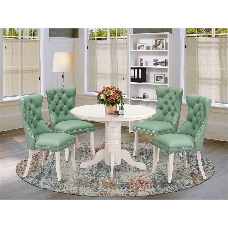 Pemberly Row 5-Piece Round Dining Table Set in Linen White and Willow Green