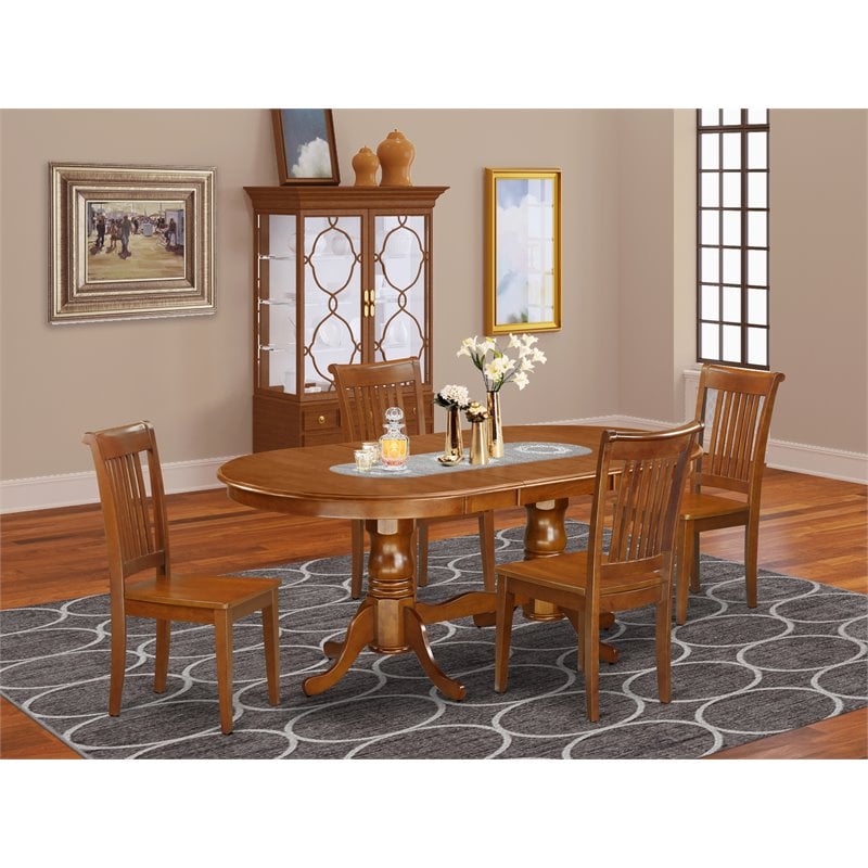 Pemberly Row 5-Piece Saddle Brown Dining Set with Oval Table and Slat Chairs