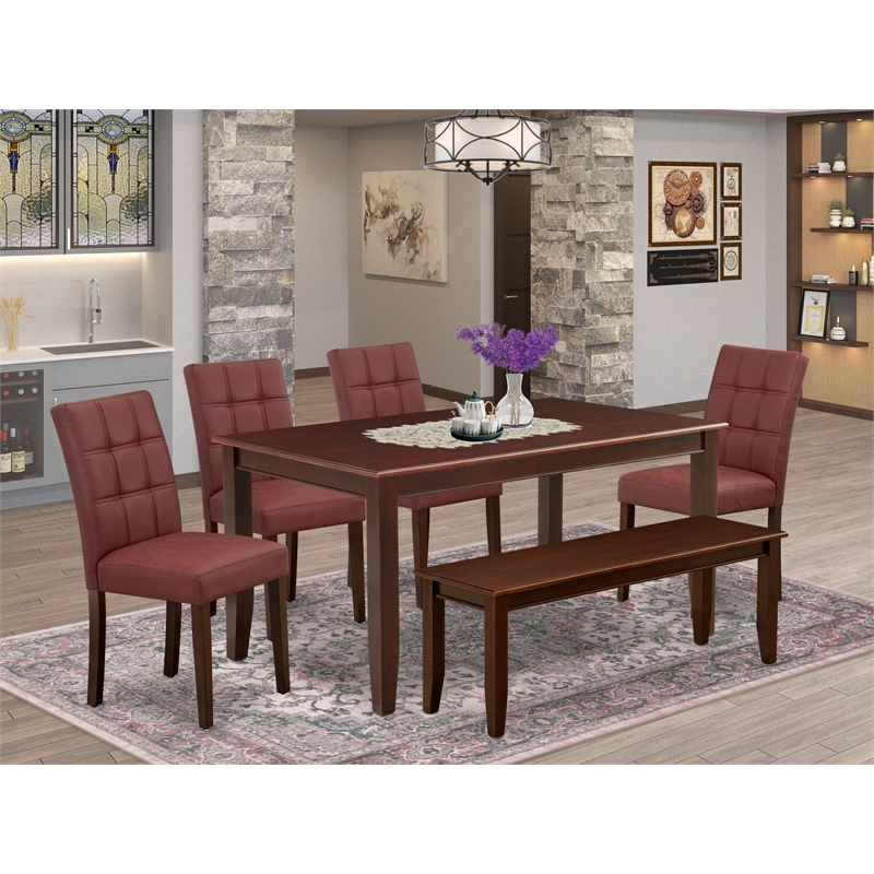 Pemberly Row 6-Piece Dining Table Set Acacia Wood Mahogany Burgandy