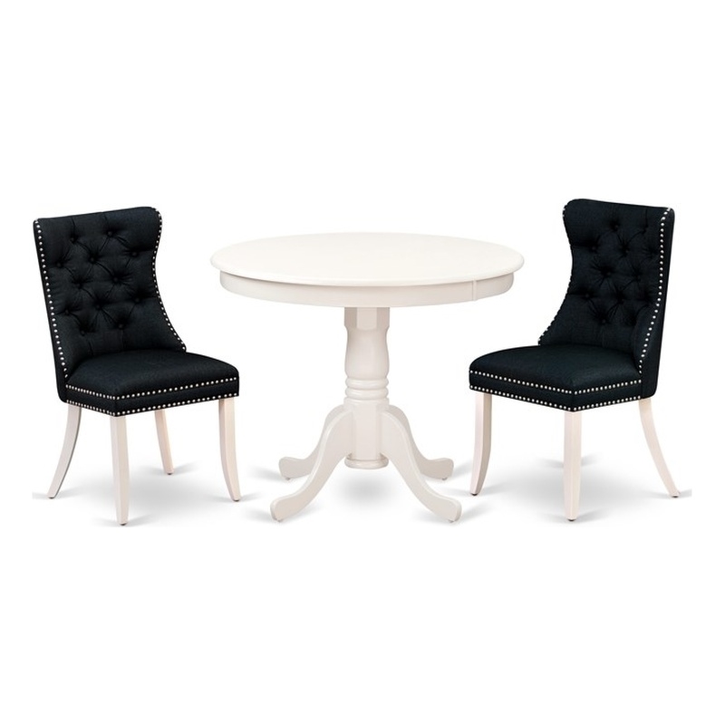 Pemberly Row 3-Piece Dining Set with Round Wood Table and Linen Chairs
