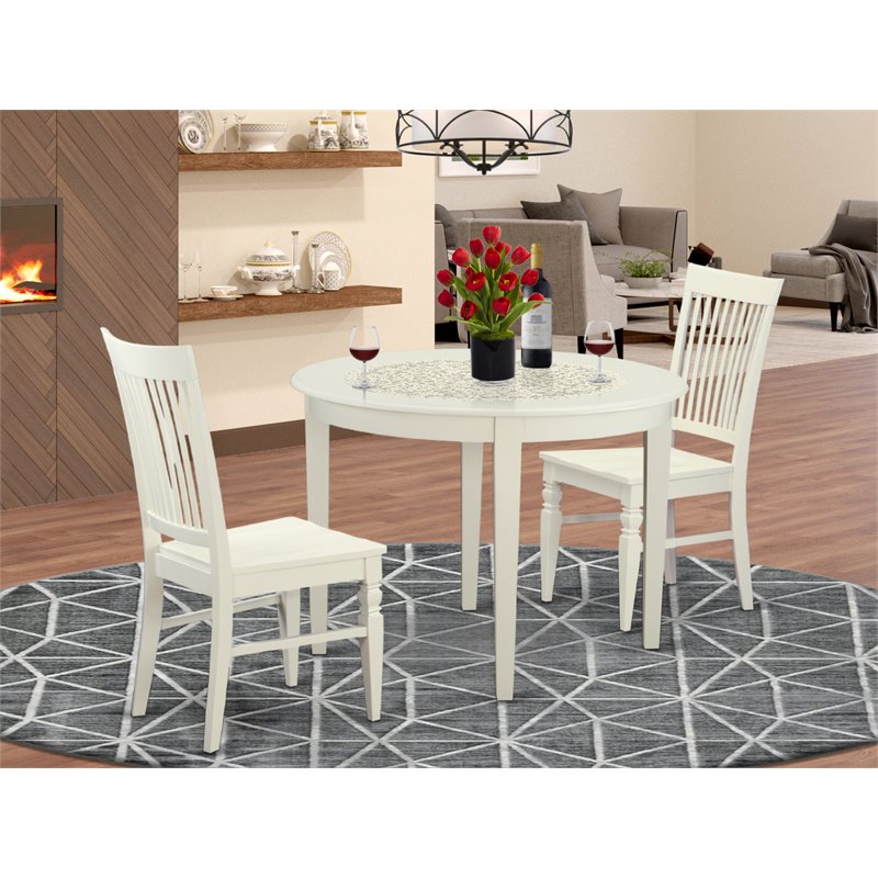 Pemberly Row Boston 3-Piece Dining Set in Linen White Finish with Round Table