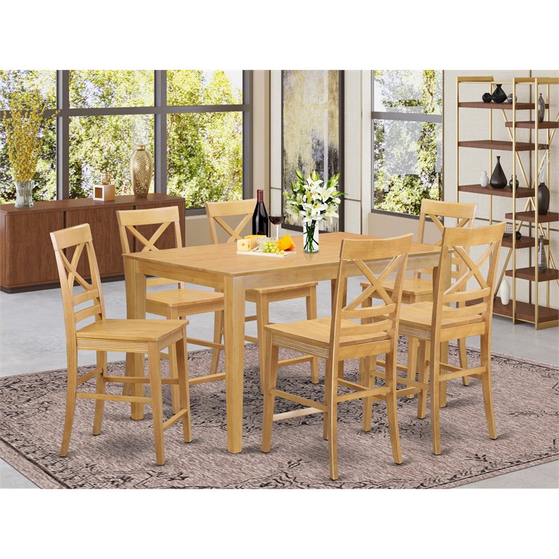 Pemberly Row 7-Piece Counter Height Rubberwood Dining Set in Oak Finish