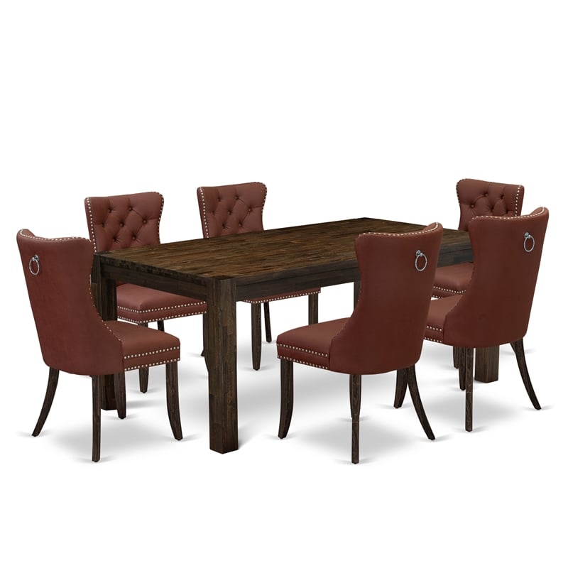 Pemberly Row 7-Piece Dining Set in Distressed Jacobean with Burgundy Seating