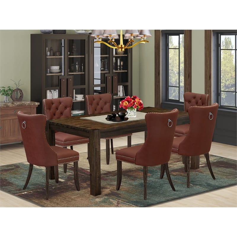 Pemberly Row 7-Piece Dining Set in Distressed Jacobean with Burgundy Seating