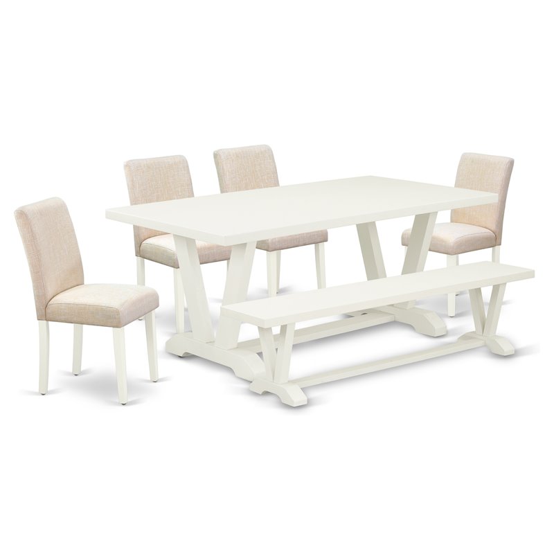 Pemberly Row 6-Piece Dining Table Set with Bench and Chairs in Linen White