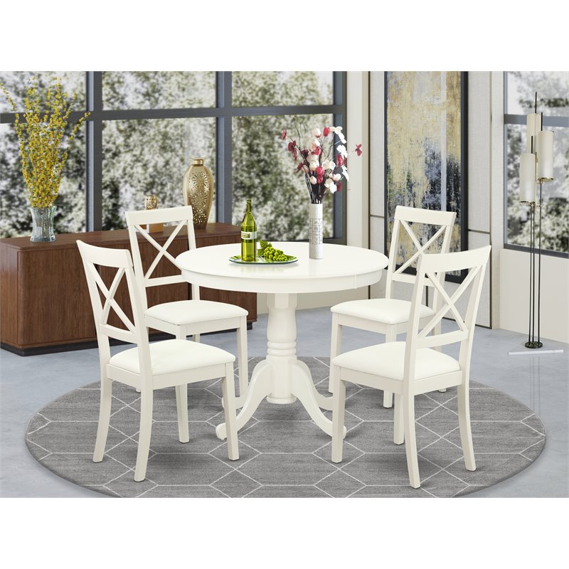 Pemberly Row 5-Piece Dining Set with Leather Chairs in Linen White Finish