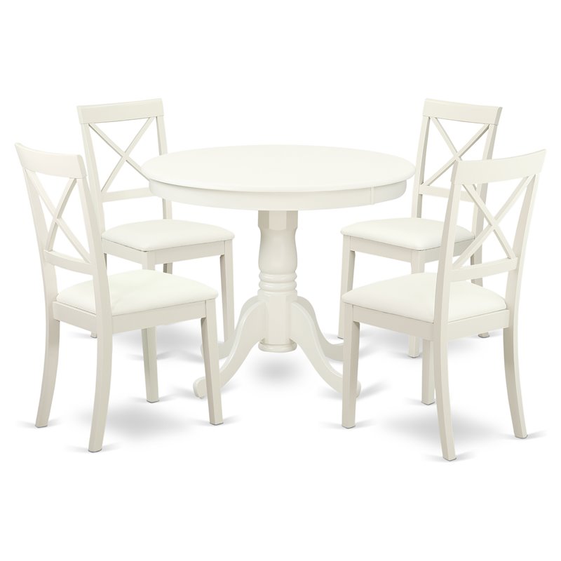 Pemberly Row 5-Piece Dining Set with Leather Chairs in Linen White Finish