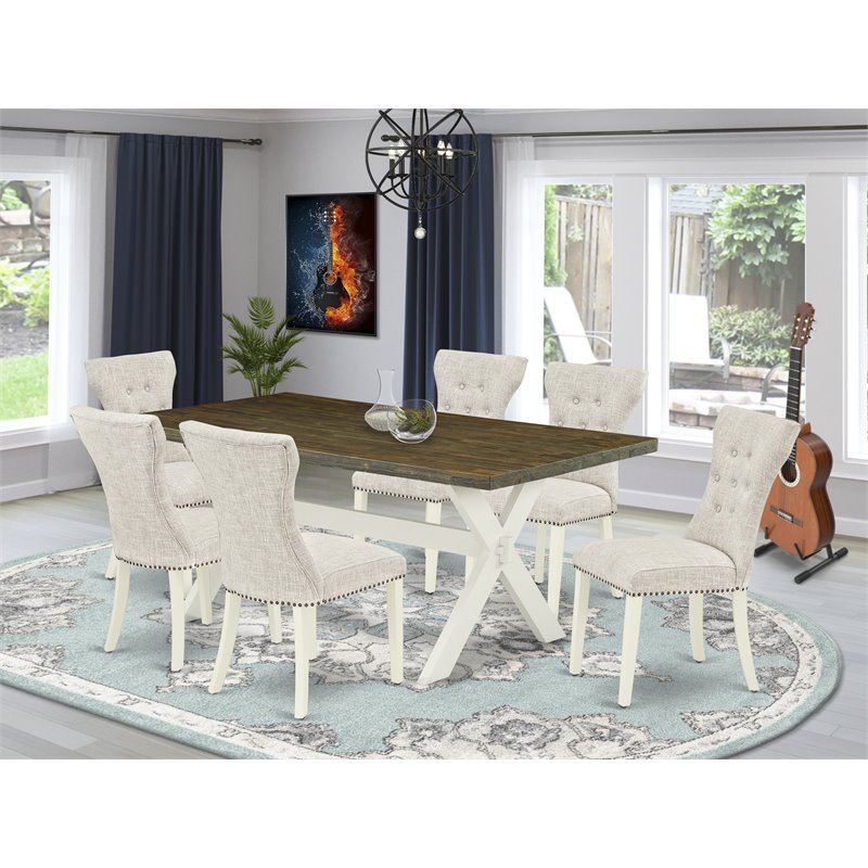 Pemberly Row X-Style 7-Piece Wood Dining Table Set in Linen White/Doeskin