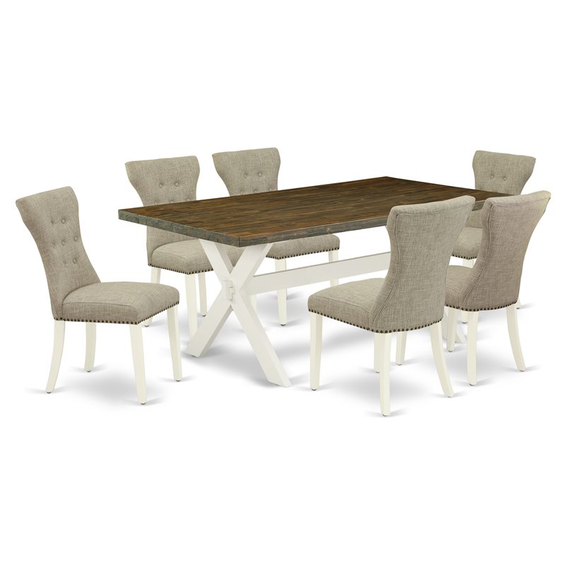 Pemberly Row X-Style 7-Piece Wood Dining Table Set in Linen White/Doeskin