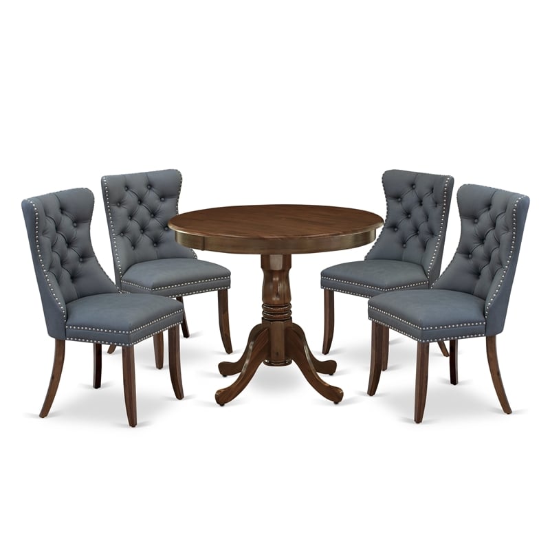 Pemberly Row 5-Piece Walnut Dining Set with Round Table and Platinum Chairs