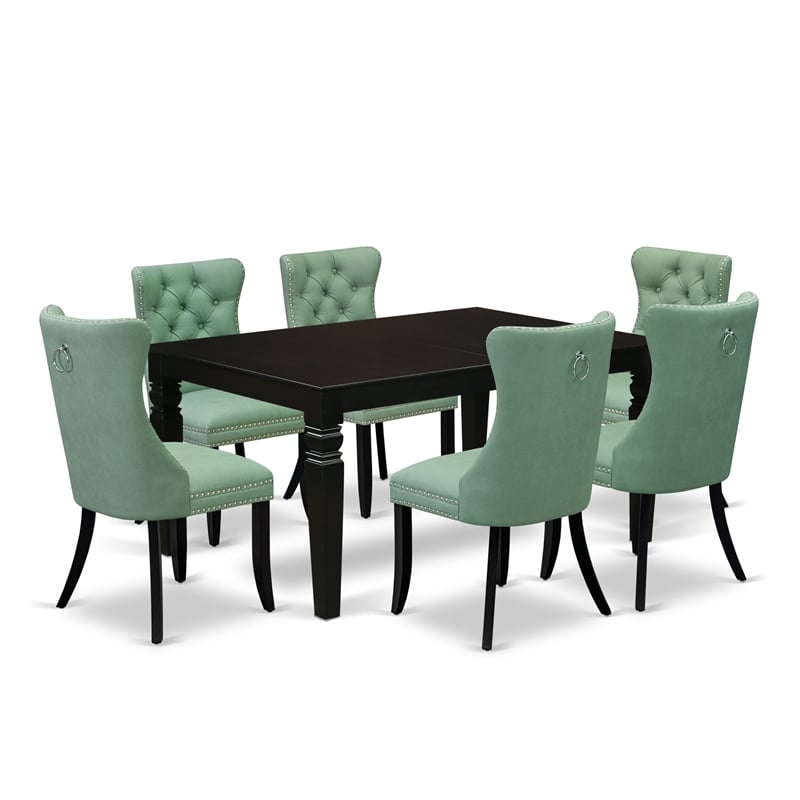 Pemberly Row 7-Piece Black Dining Table Set with Green Faux Leather