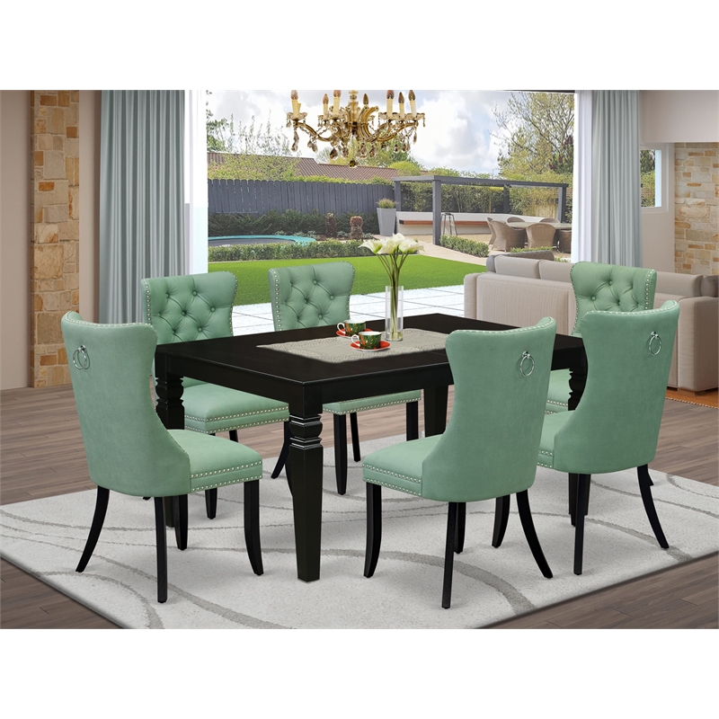Pemberly Row 7-Piece Black Dining Table Set with Green Faux Leather