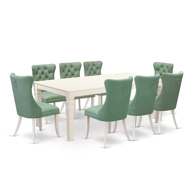 Pemberly Row 9-Piece Dining Set in Linen White with Willow Green Chairs