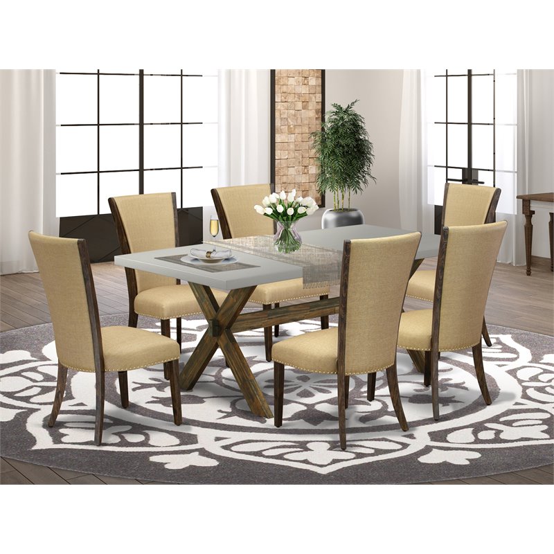Pemberly Row 7-Piece Dining Set with Parsons Chairs in Brown/Cement Finish