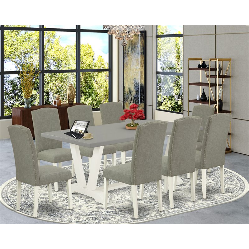 Pemberly Row 9-Piece Wood Dining Table Set in Linen White/Dark Shitake