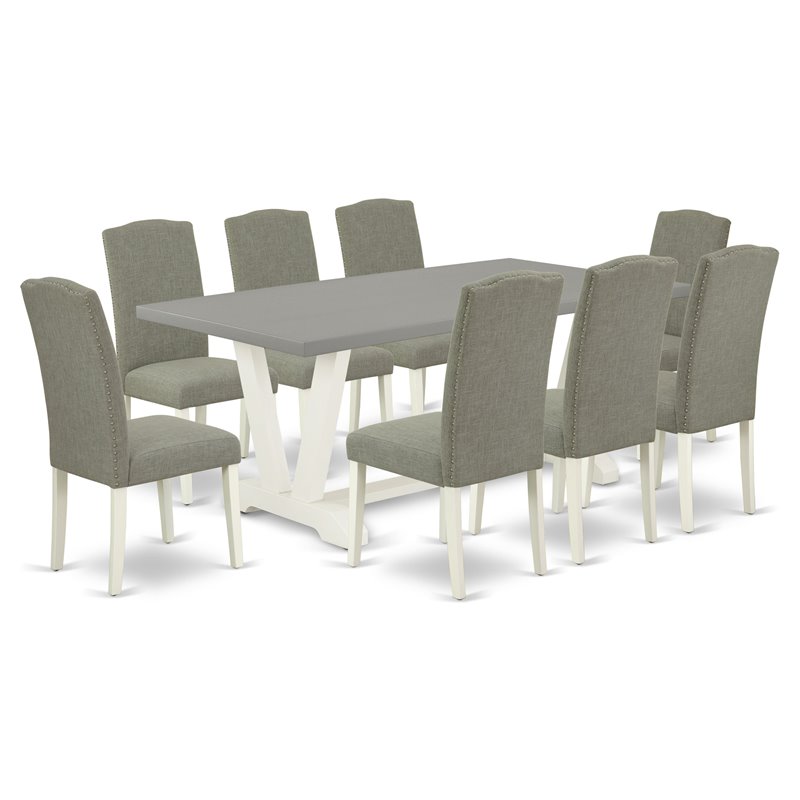 Pemberly Row 9-Piece Wood Dining Table Set in Linen White/Dark Shitake