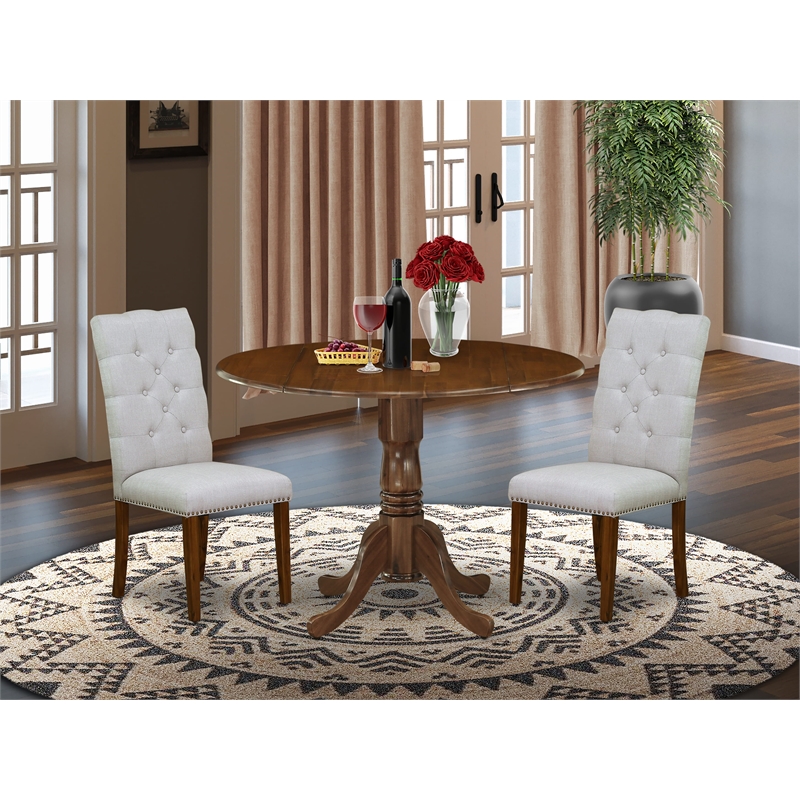 Pemberly Row 3-Piece Antique Walnut Kitchen Table Set with Grey Linen Chairs