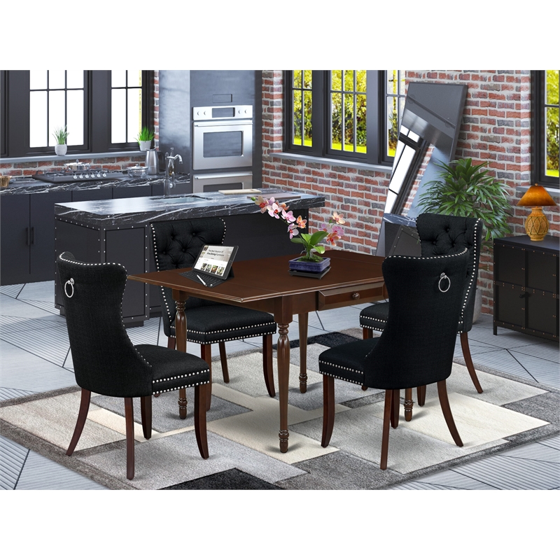 Pemberly Row 5-Piece Dining Table Set in Mahogany with Black Linen Upholstery