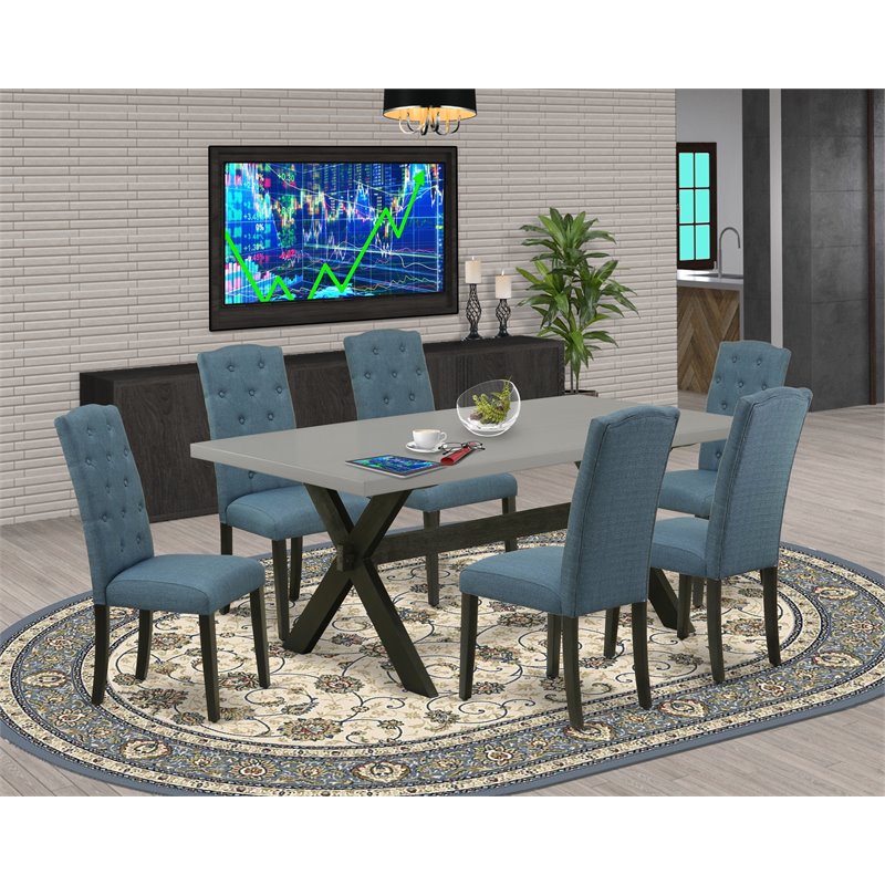 Pemberly Row X-Style 7-Piece Dining Room Set with Blue Upholstered Chairs