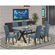 Pemberly Row X-Style 7-Piece Dining Room Set with Blue Upholstered Chairs