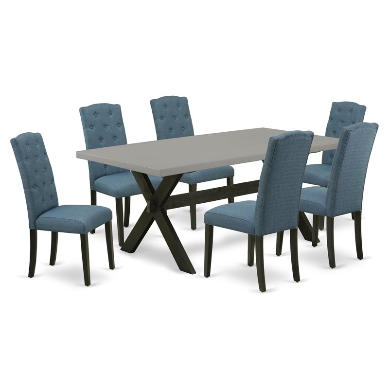 Pemberly Row X-Style 7-Piece Dining Room Set with Blue Upholstered Chairs