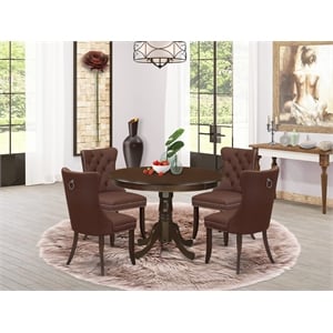 Pemberly Row 5-Piece Round Dining Table Set in Mahogany with Faux Leather