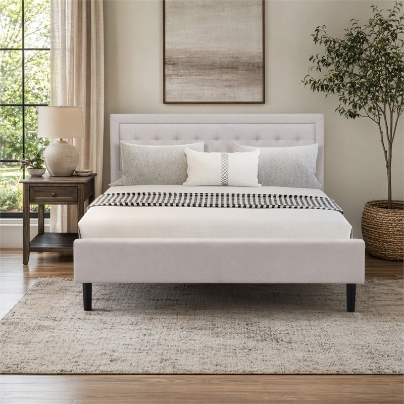 Pemberly Row 2-Piece King Platform Bedroom Set in Mist Beige Fabric