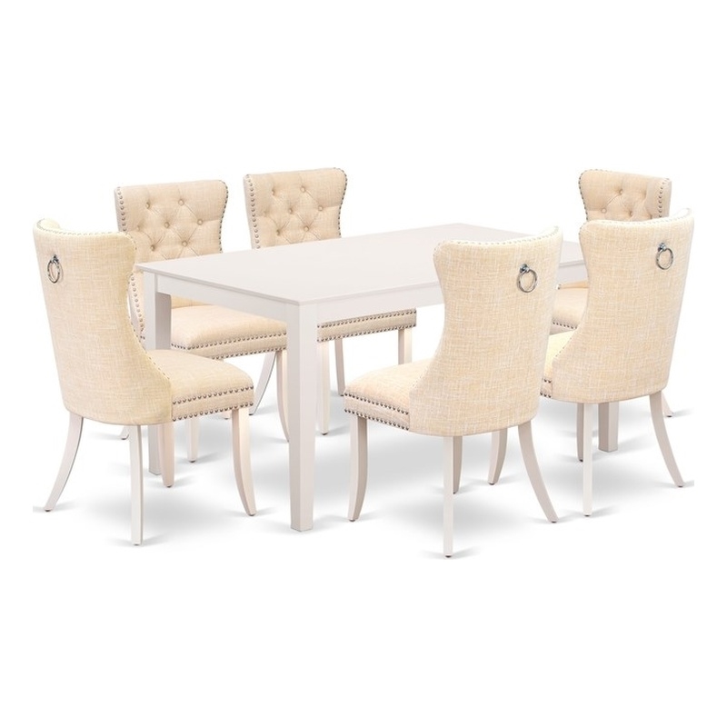 Pemberly Row 7-Piece Dining Room Set in Linen White and Light Beige Upholstery
